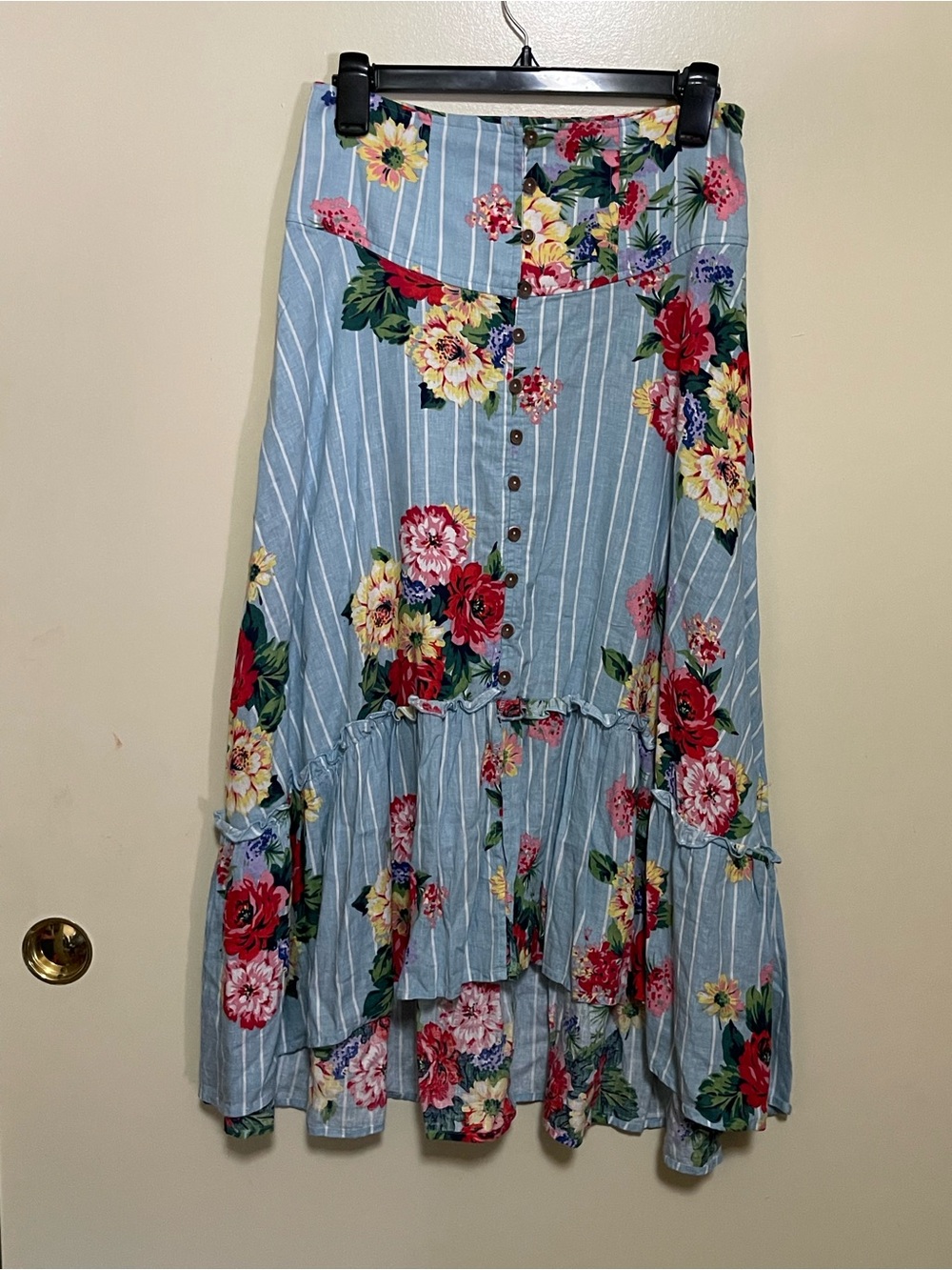 Anthropologie Maeve Blue Striped High-Low Floral Button Skirt